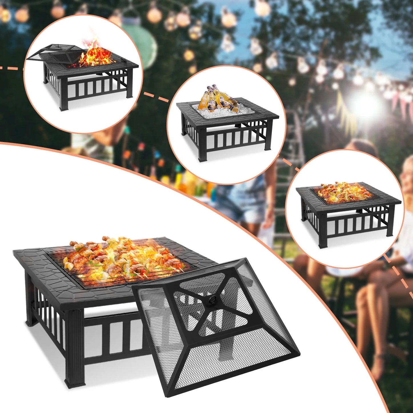 Steel Fire Pits for Outside, 32'' Square Wood Burning