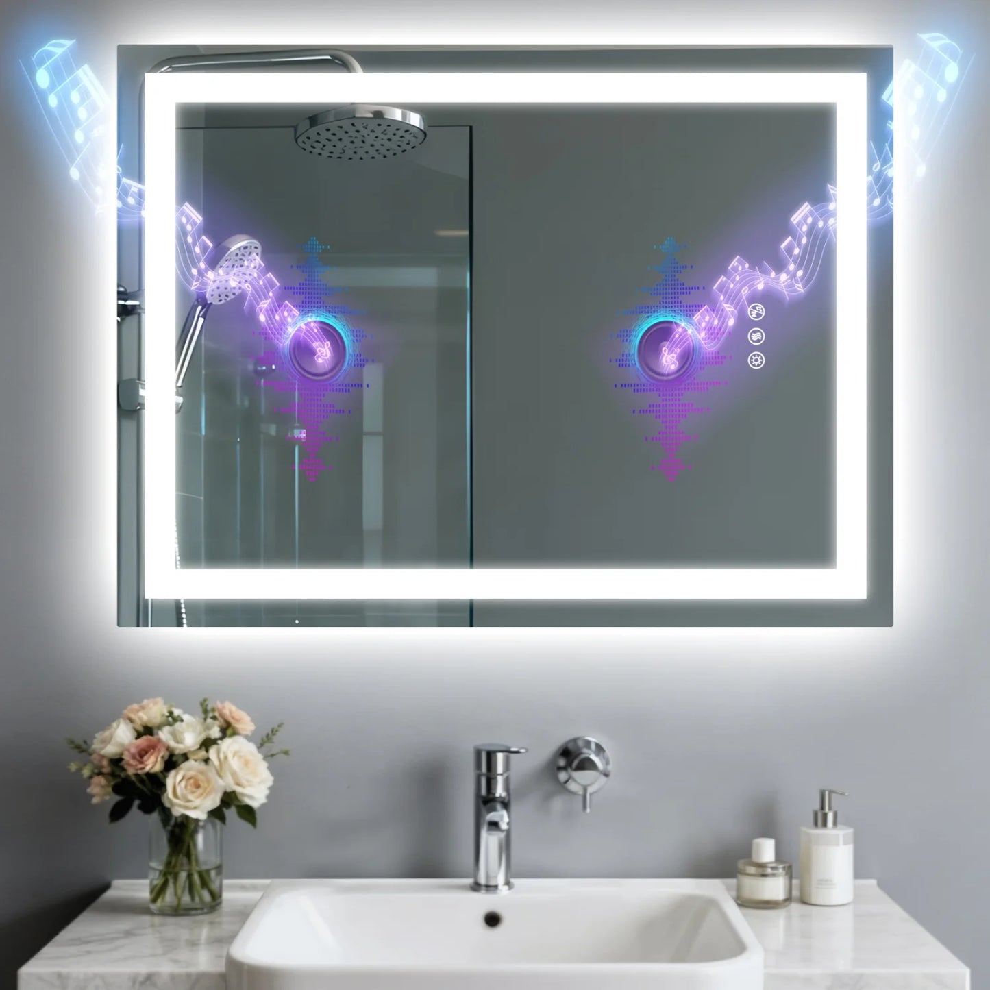 LED Bathroom Mirror with Bluetooth Speaker 3 Colors Dimmable