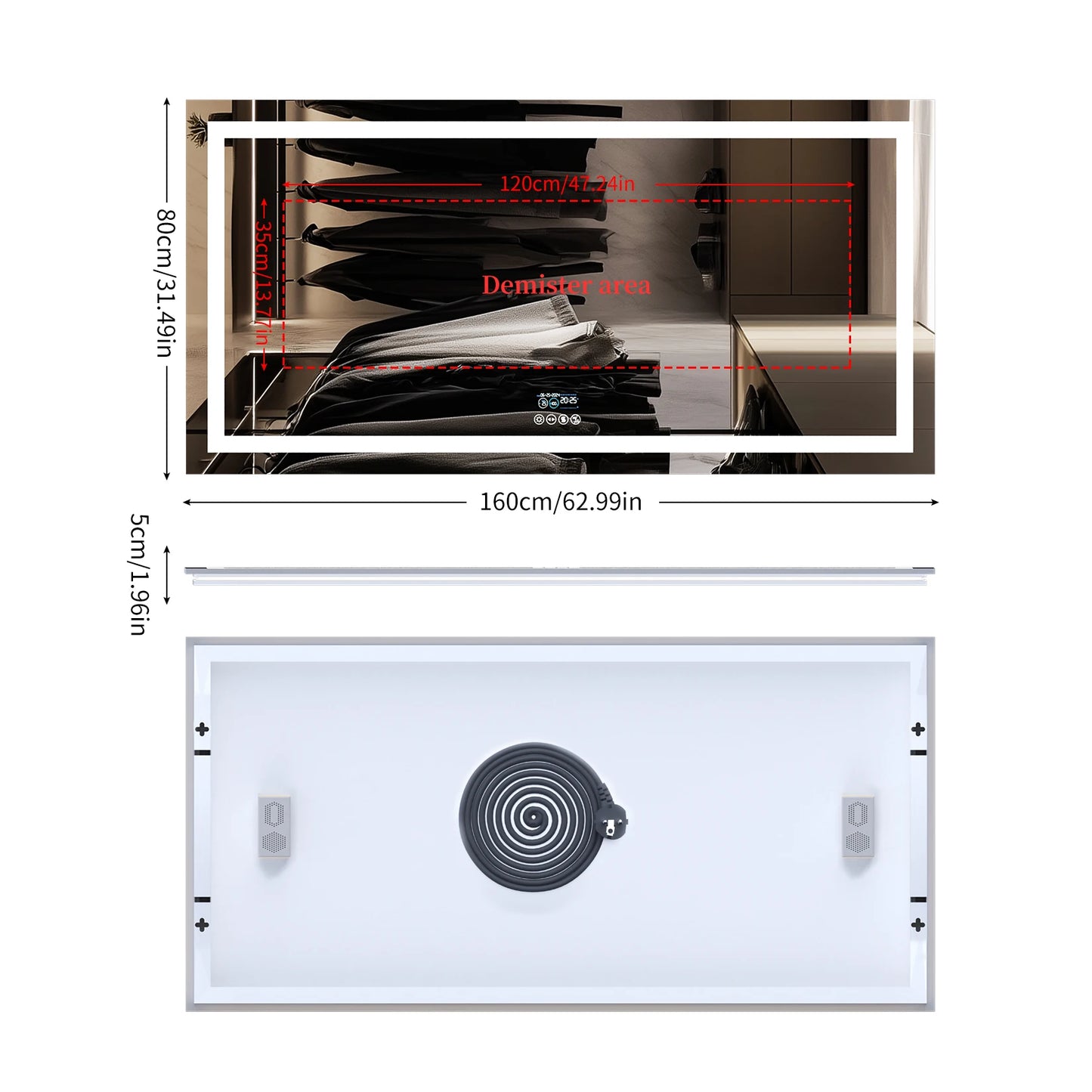 LED Bathroom Mirror with Lights, Dimmable, Smart Bluetooth Digital Display 3 Colors Memory