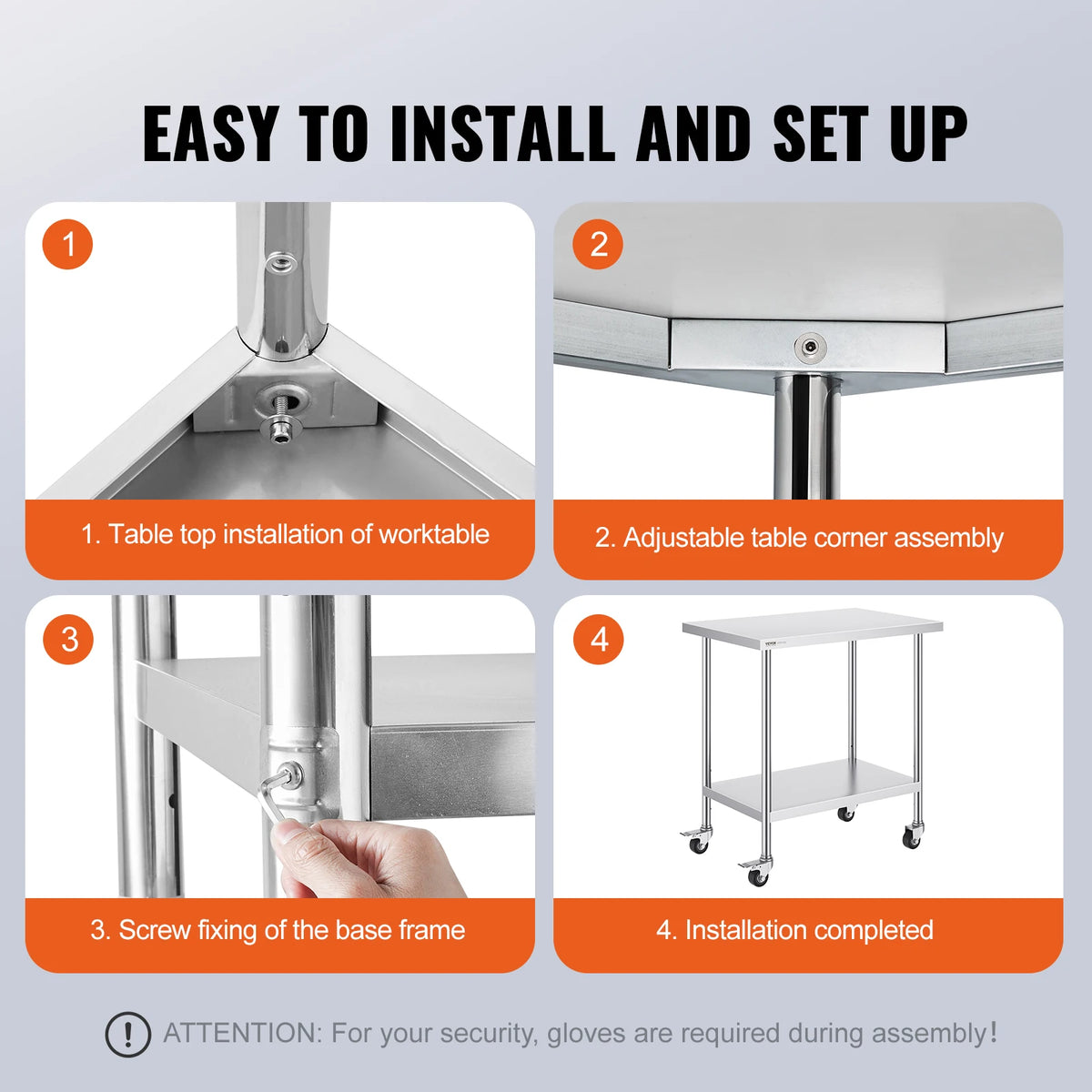 Stainless Steel Work Prep Table w/4 Wheels 3 Adjustable Height
