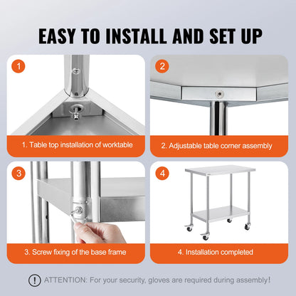Stainless Steel Work Prep Table w/4 Wheels 3 Adjustable Height