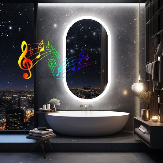 LED Lighted Bluetooth Bathroom Mirror with Time Date Display Anti-fog