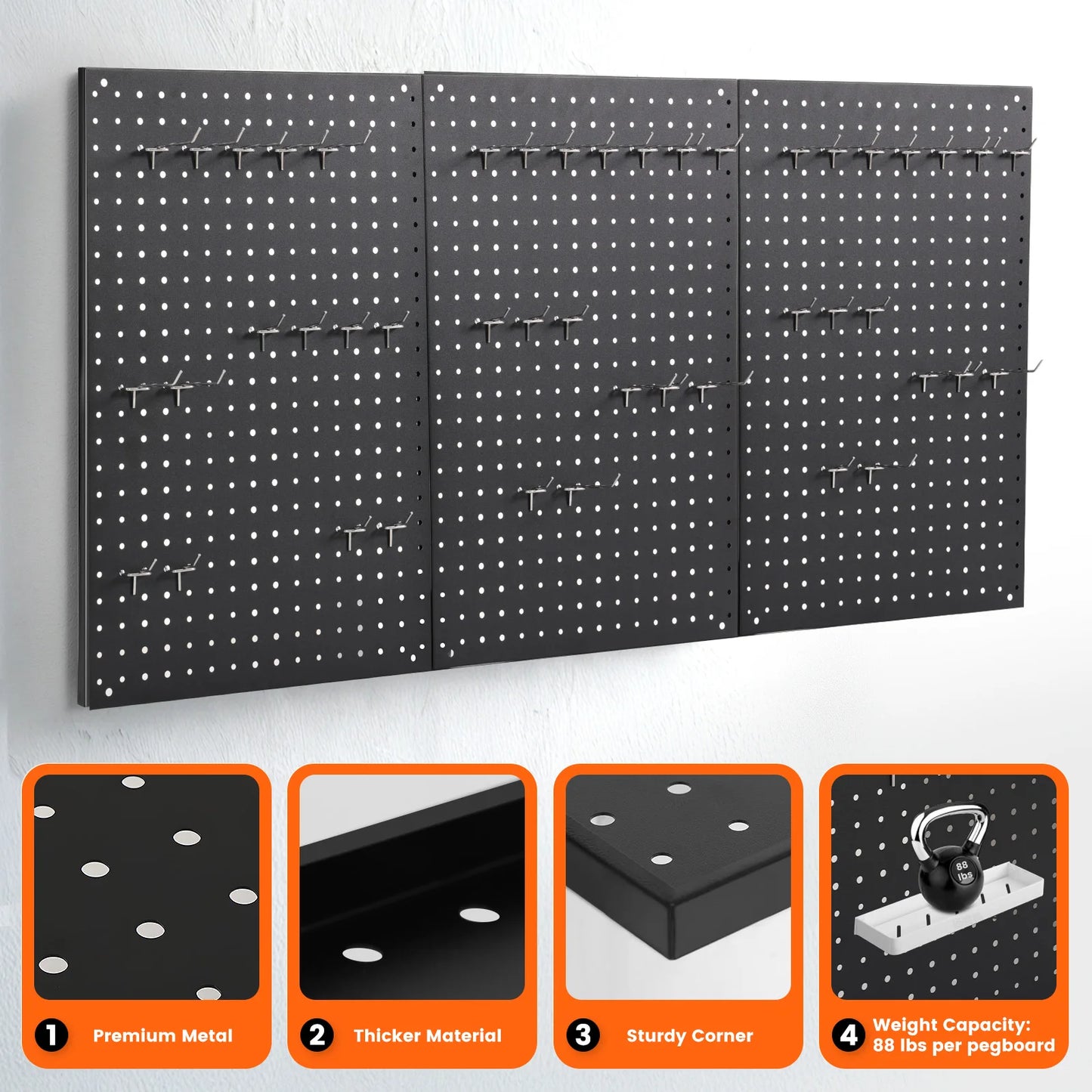 3pcs 24"×16" Metal Pegboard Black w/30 Hooks