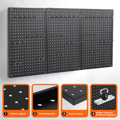 3pcs 24"×16" Metal Pegboard Black w/30 Hooks