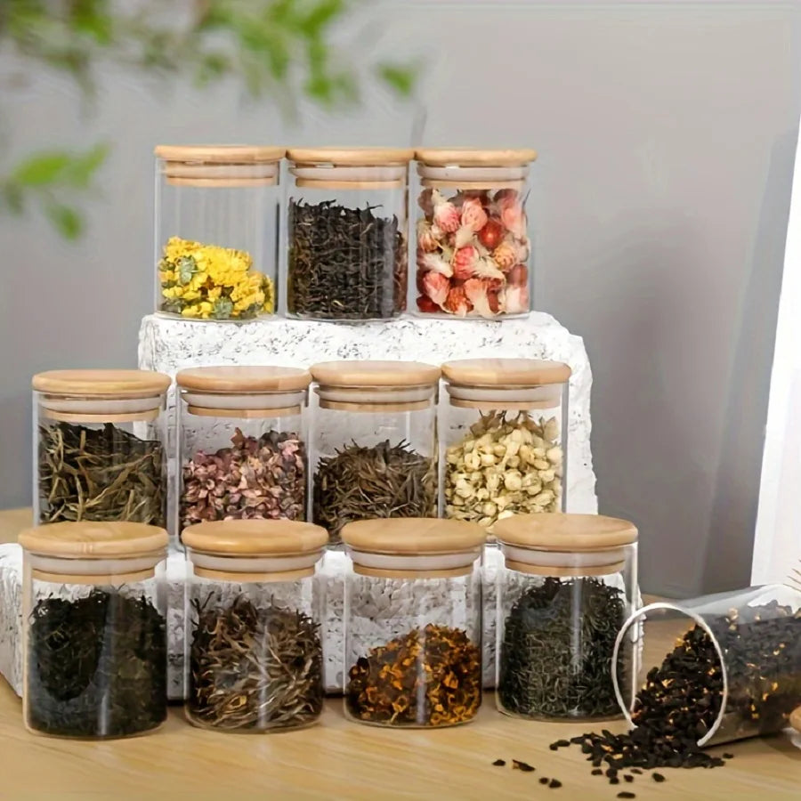 12pcs/set Airtight Glass Storage Jar with Bamboo Lid
