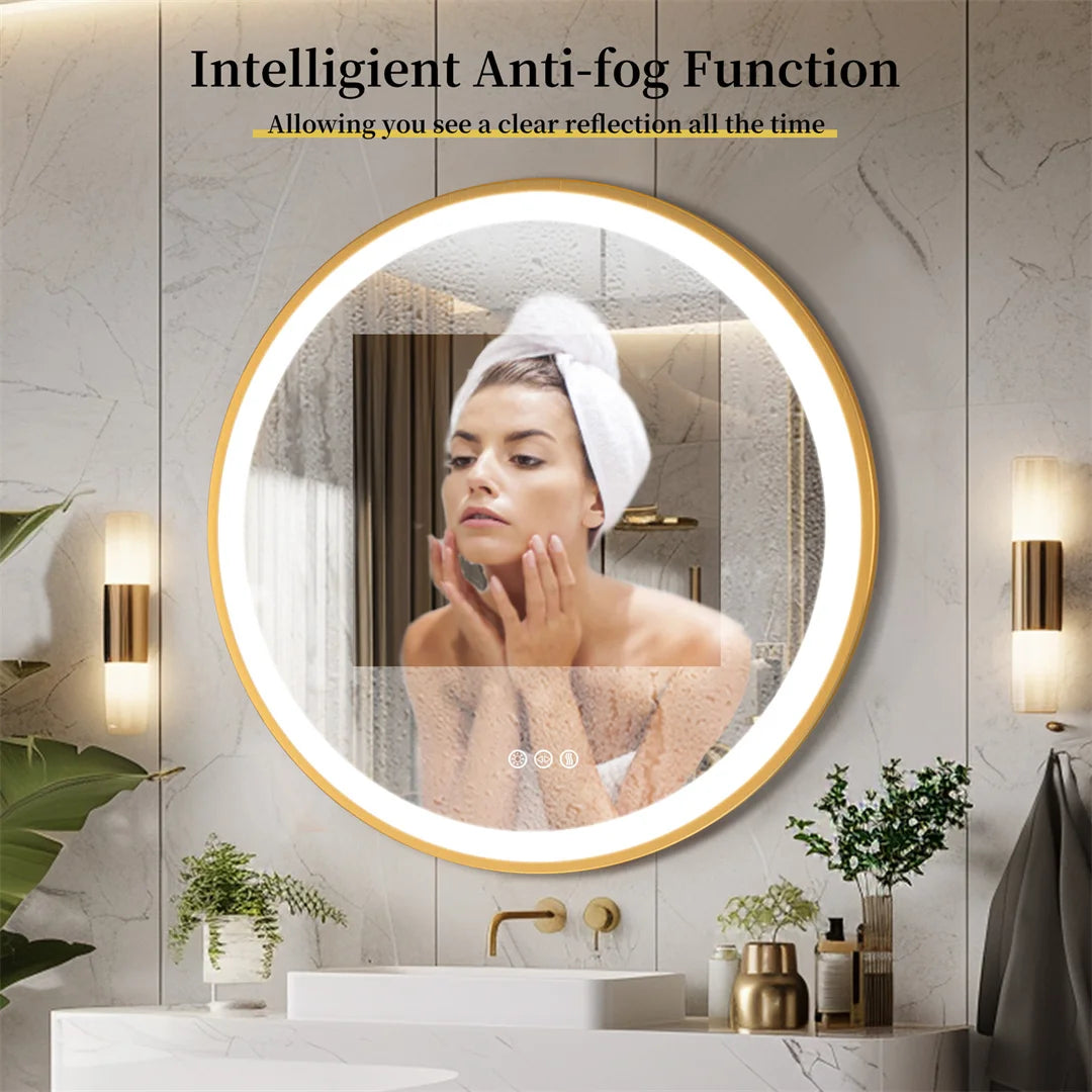 24 Inch Gold Frame Round Bathroom Mirror with 3 Color Dimmable Lights
