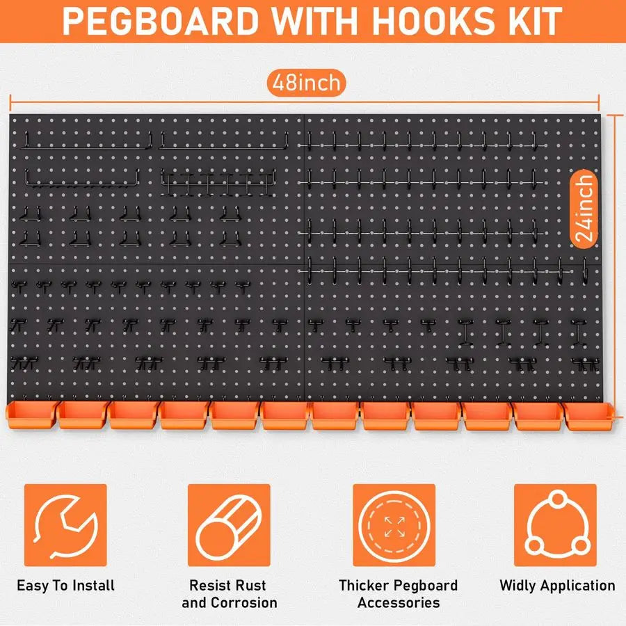 Metal 4PCS Pegboard Panels and 156PCS Black Pegboard Wall Organize