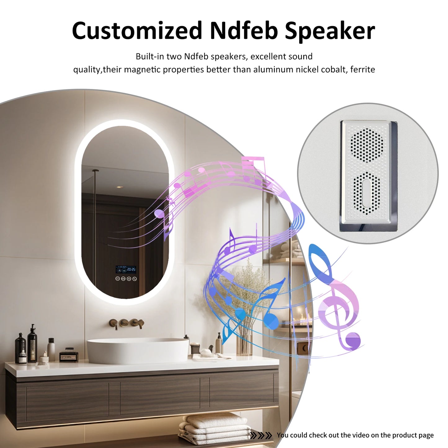 LED Lighted Bluetooth Bathroom Mirror with Time Date Display Anti-fog