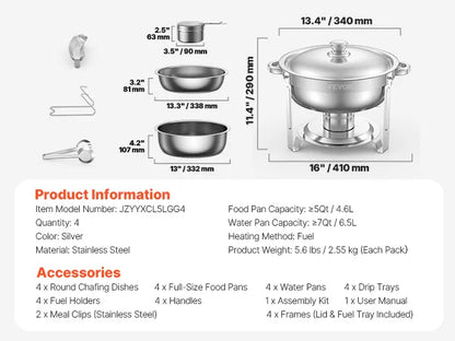4 Pack Full Size Chafing Dish Stainless Steel w/Lids