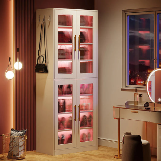 8-Tier Adjustable Shelves Shoe Cabinet, Acrylic Doors, LED Lights