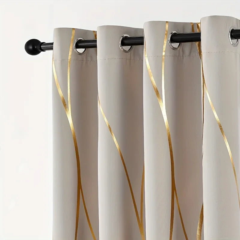 2Pcs Golden Wave &Circle Blackout Curtains Thermal Insulated, Grommet