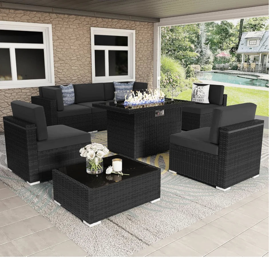 8 Pieces Patio Furniture Set with 44" Propane Gas Fire Pit Table,
