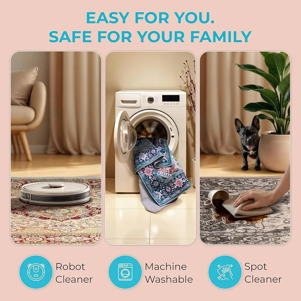 5 x 7 Thin Washable Area Rug - 5’X7’ Boho Rugs, Non-Slip