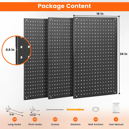 3pcs 24"×16" Metal Pegboard Black w/30 Hooks