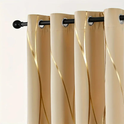 2Pcs Golden Wave &Circle Blackout Curtains Thermal Insulated, Grommet