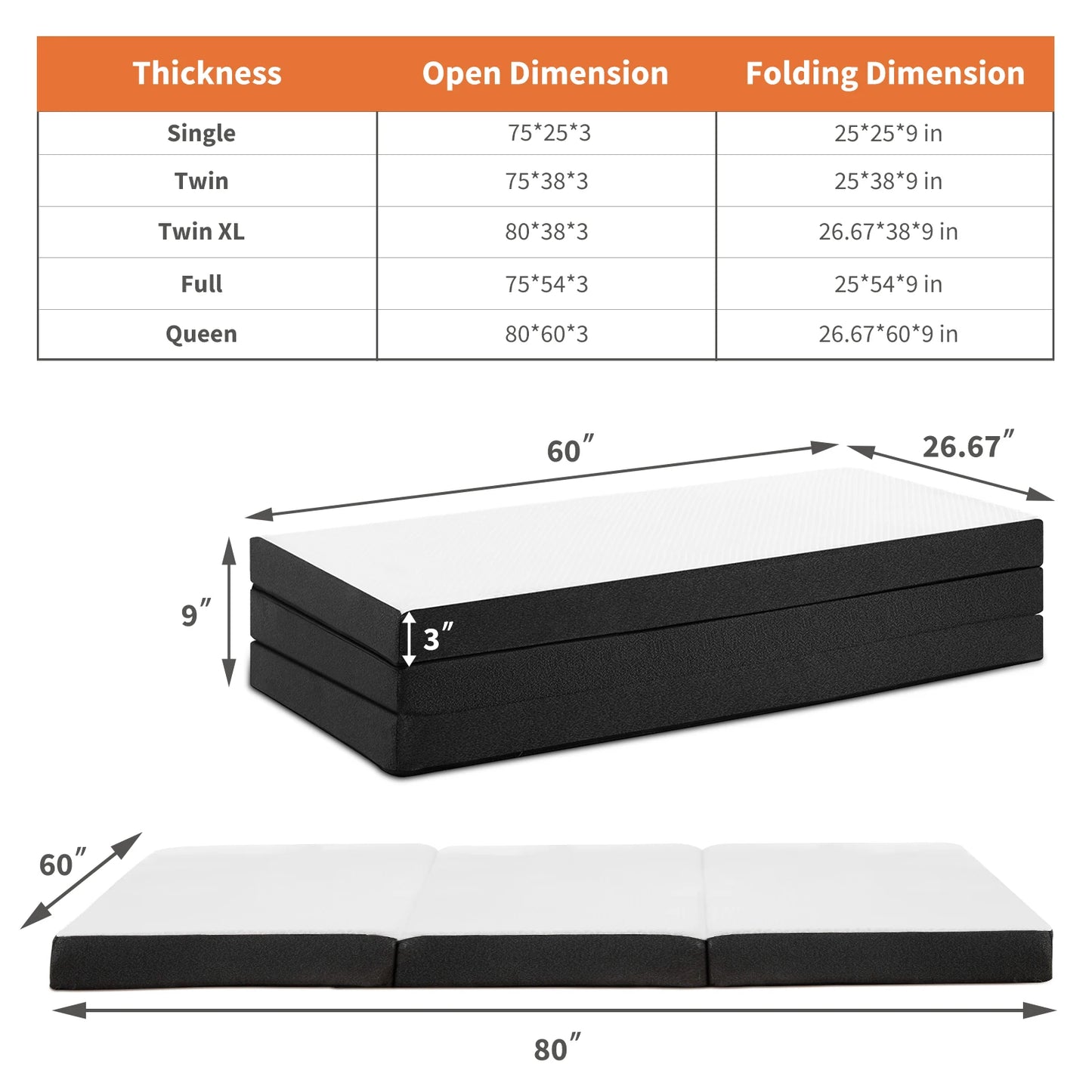 3-4Inch Soft Mattress Tri-Fold Memory Foam Mat