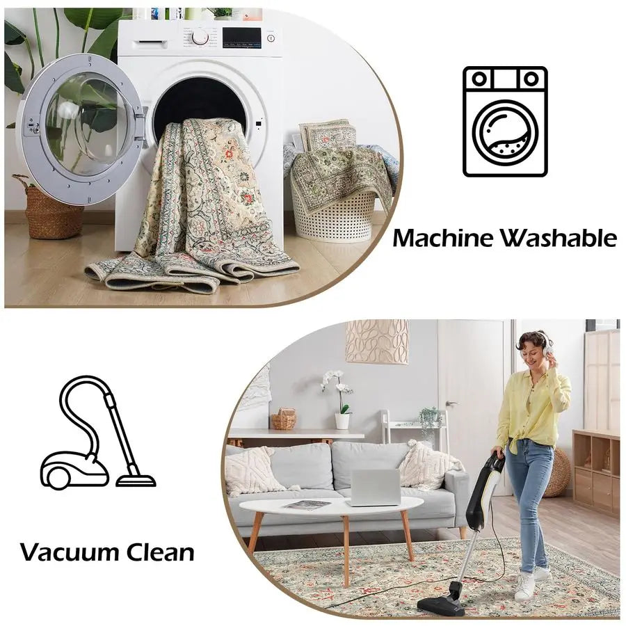 4x6, Beige Area Rugs Non-Slip, Washable, Low Pile Carpet with Rubber Backing
