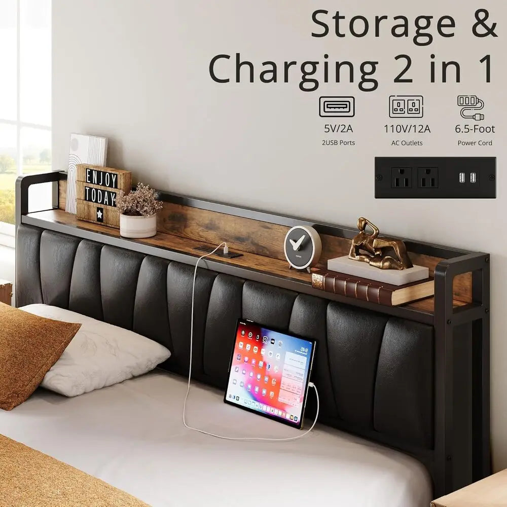 Twin XL Bed Frame, Storage Headboard with Charging Station, Easy Assembly
