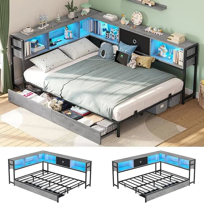 Full Corner Bed Frame w/ Storage Drawers, LED Lights, Charging Station