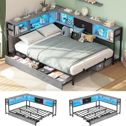 Full Corner Bed Frame w/ Storage Drawers, LED Lights, Charging Station