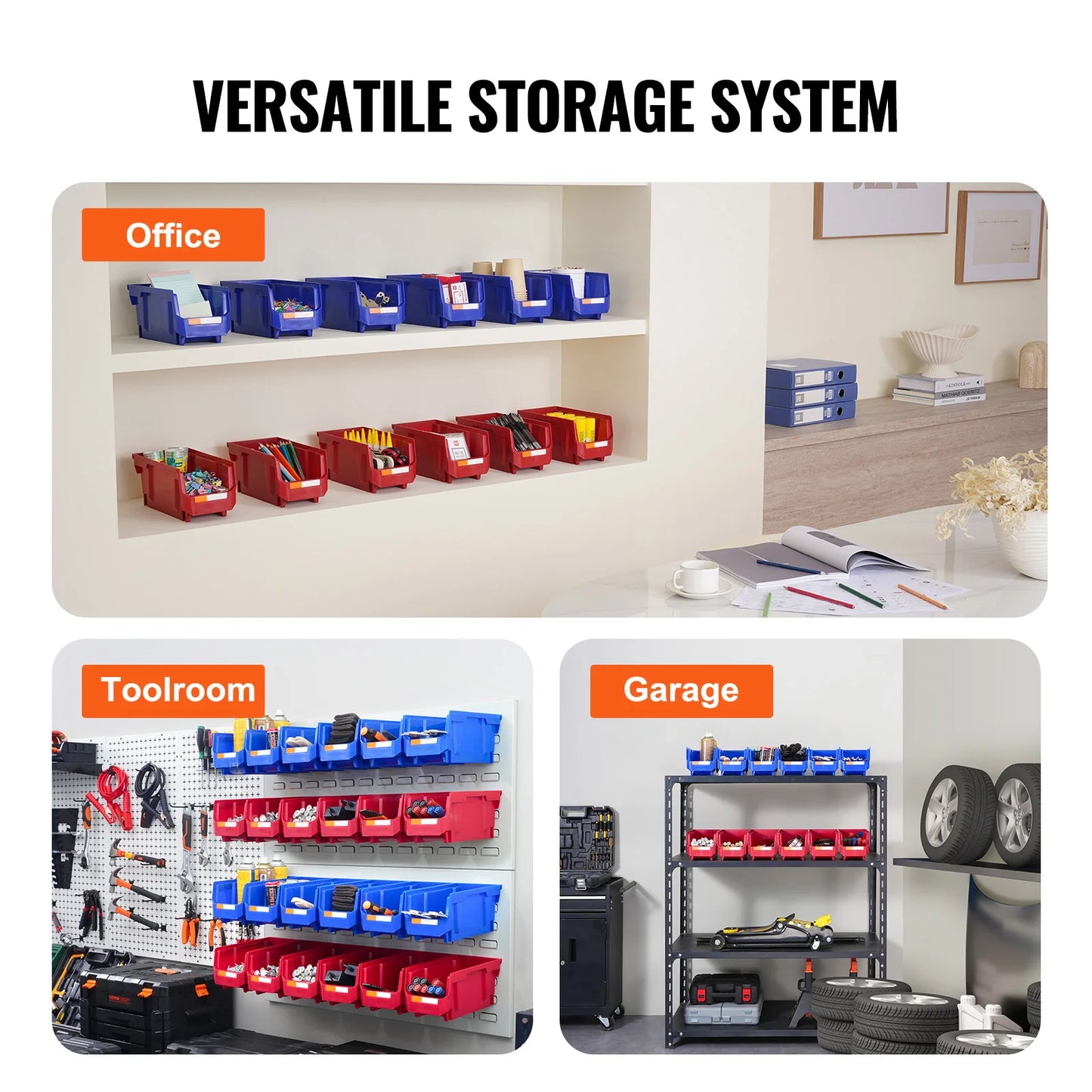 Stackable Plastic Garage Tool Storage Box Organizer Bin for Garage- 12pcs 5x5x10in Blue/Red
