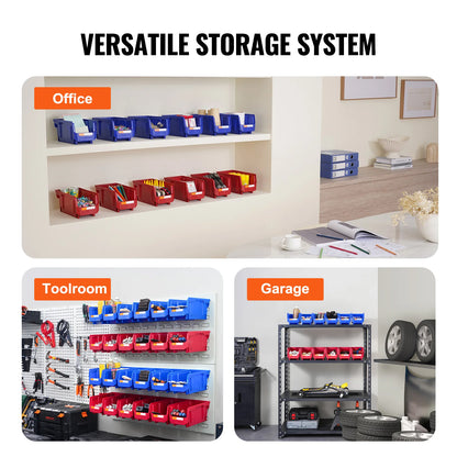 Stackable Plastic Garage Tool Storage Box Organizer Bin for Garage- 12pcs 5x5x10in Blue/Red
