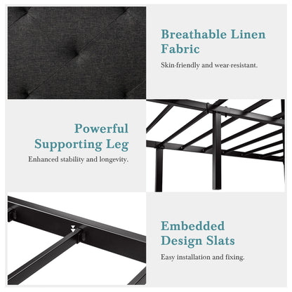 Metal Bed Frame with Upholstered Finely Stitched Headboard, No Box Spring Needed