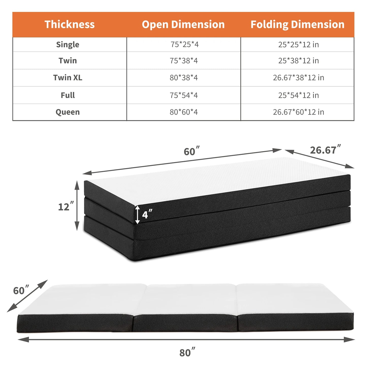3-4Inch Soft Mattress Tri-Fold Memory Foam Mat
