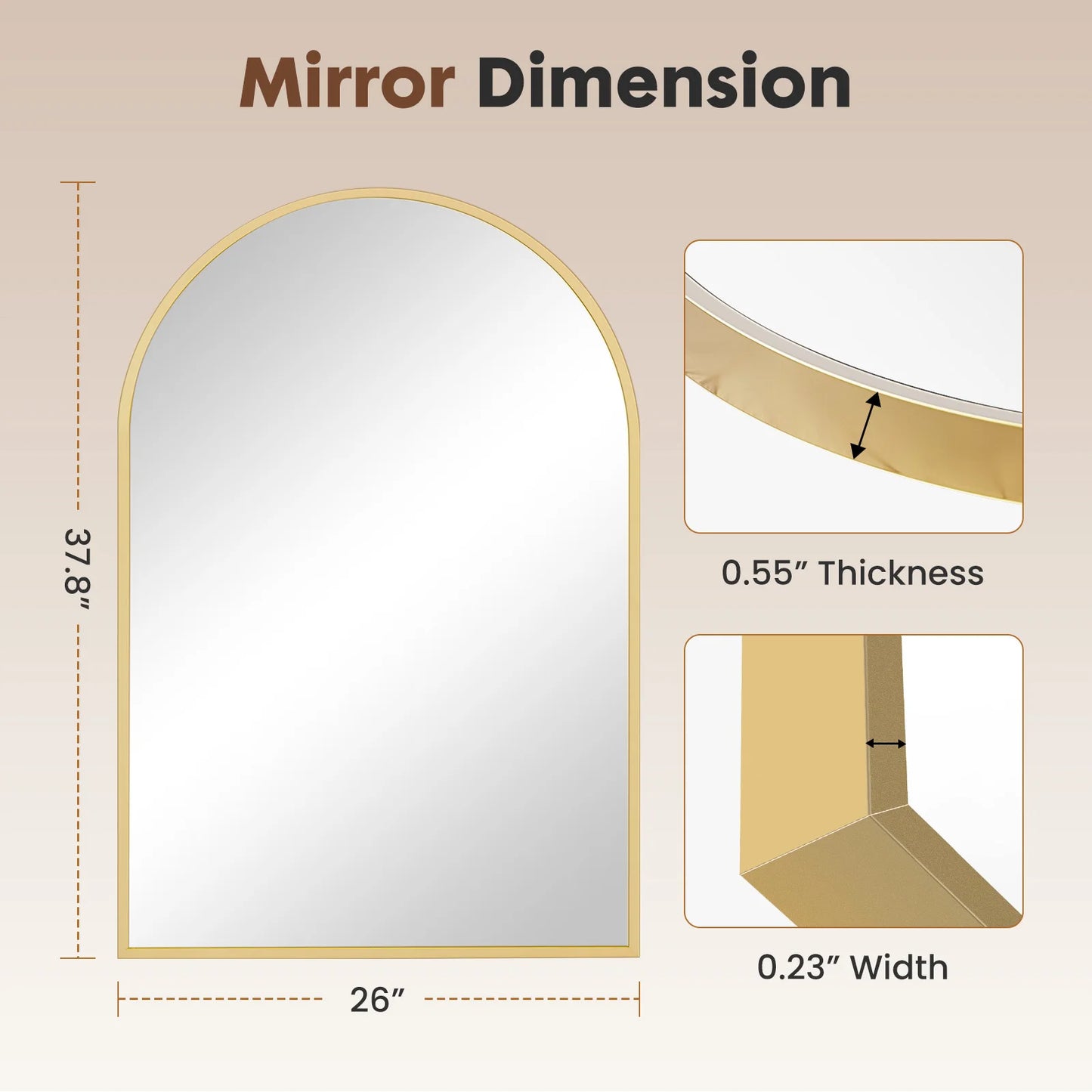 JHK 26"x38" Arched Metal Framed Wall  Hanging Mirror Glass Mirror