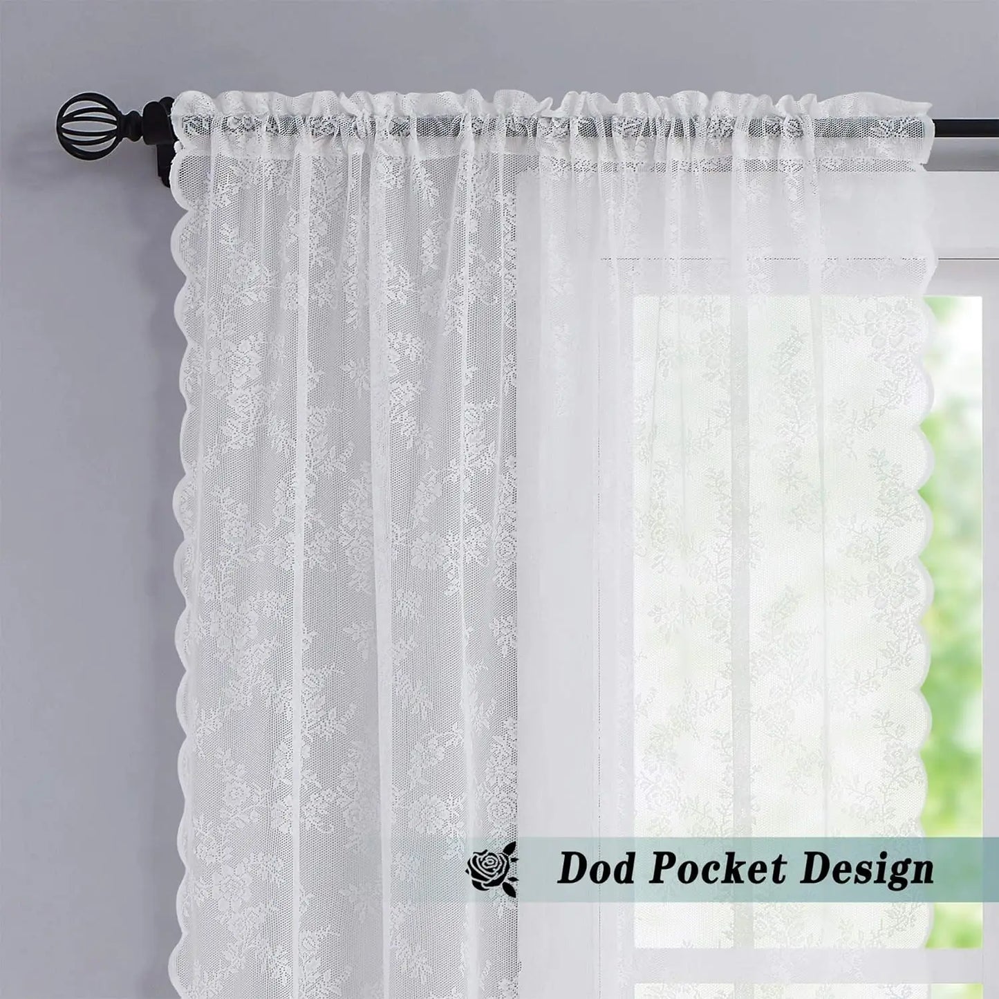 2pcs elegant solid-color curtains with wave lace trim. Holiday home decor.