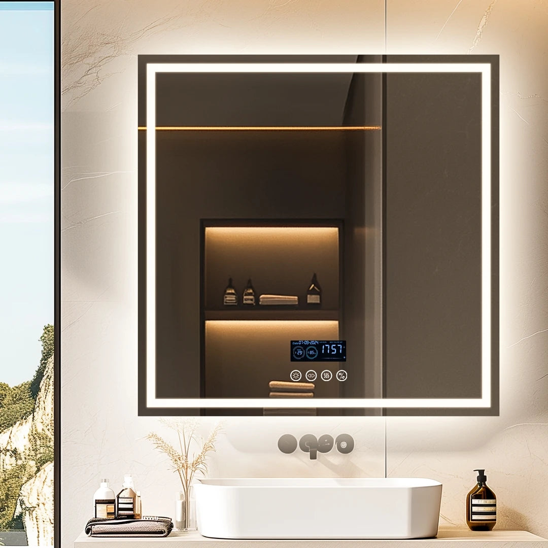 LED Square Bathroom Mirror w Bluetooth Time Temperature Display 3 Colors Front & Backlit Anti-fog w Memory