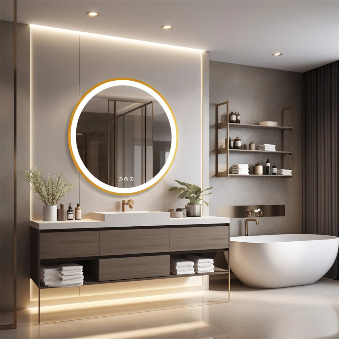 24 Inch Gold Frame Round Bathroom Mirror with 3 Color Dimmable Lights