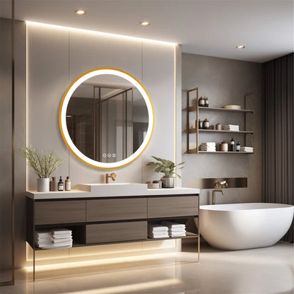 24 Inch Gold Frame Round Bathroom Mirror with 3 Color Dimmable Lights
