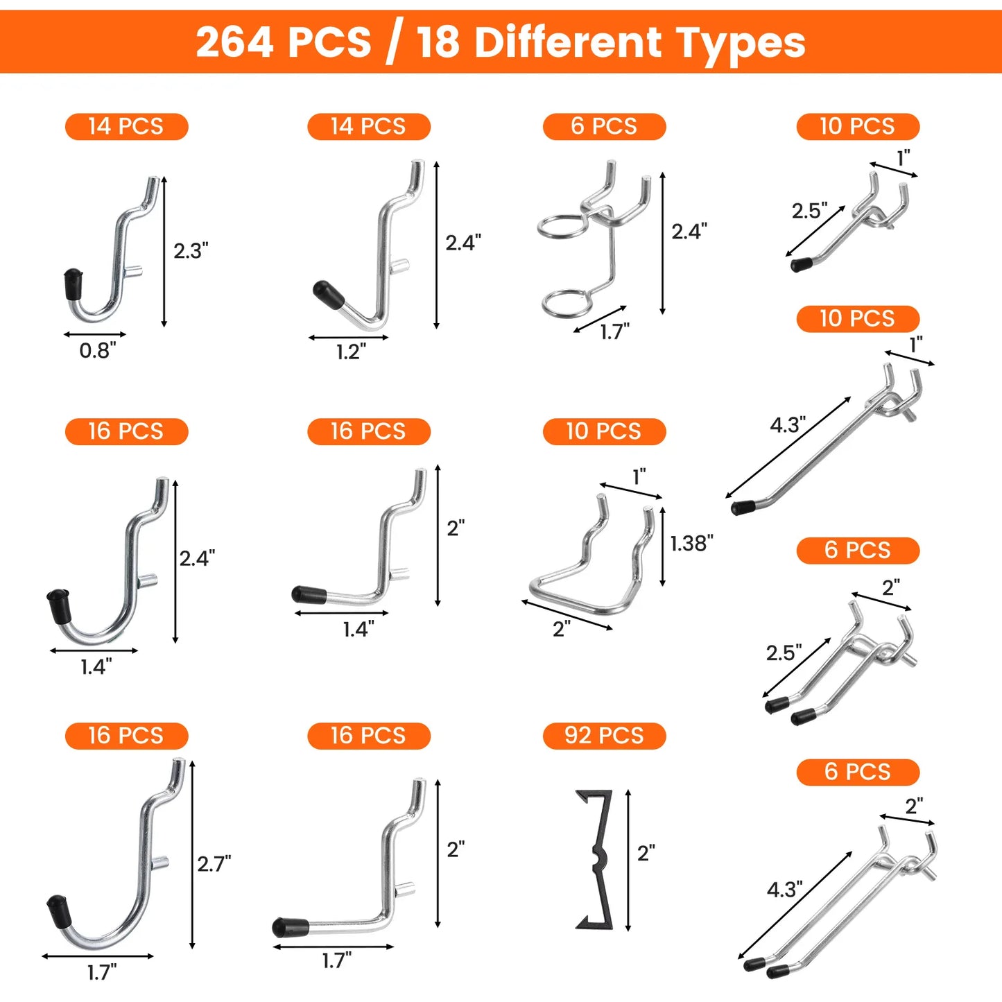 264pcs/set Peg Board Hooks Assortment for 1/4in Pegboard