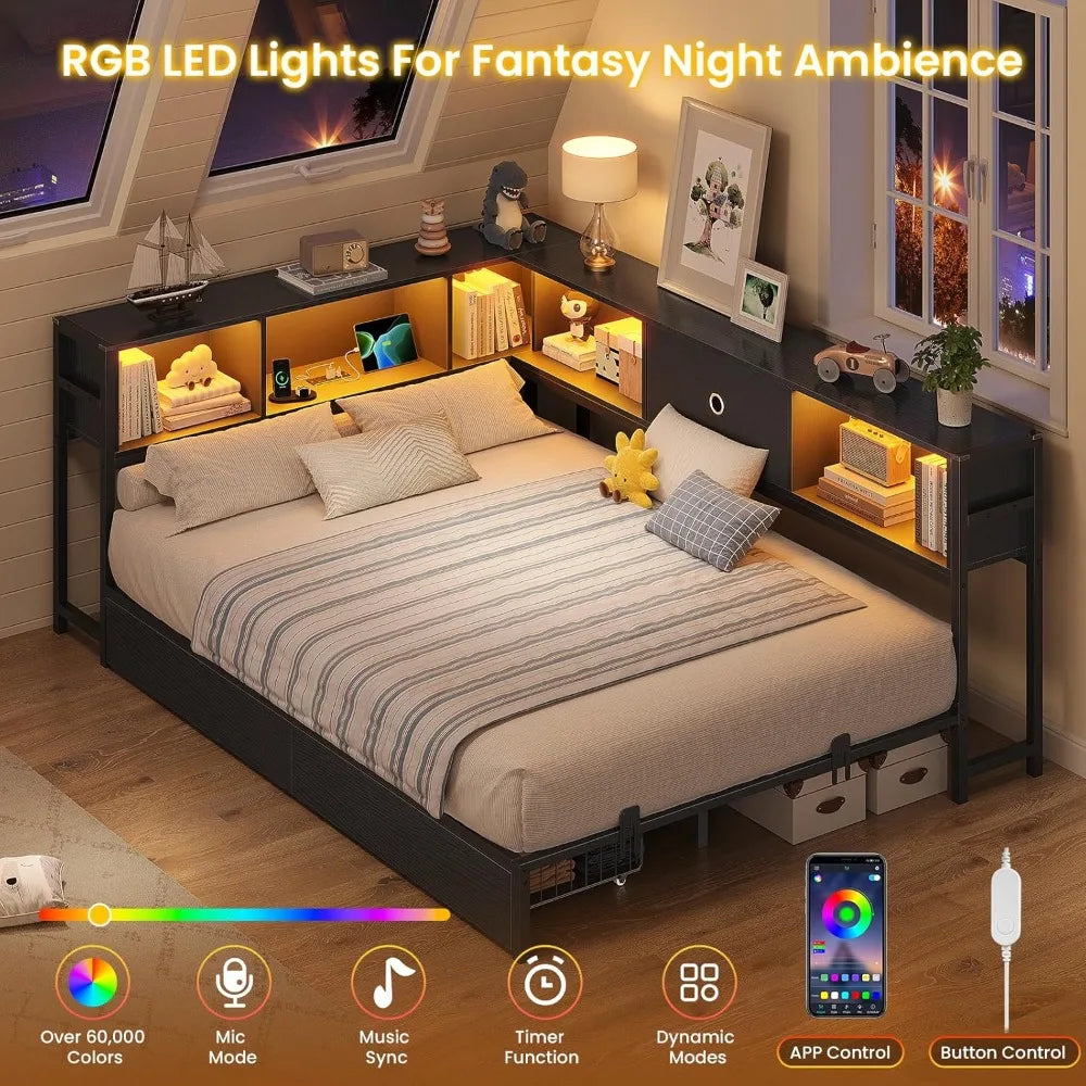 Full Corner Bed Frame w/ Storage Drawers, LED Lights, Charging Station