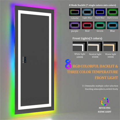 LED Wall Mirror w Bluetooth Dimmable 3 Colors Front + RGB Backlit, Anti-fog, Memory Function, Time Temperature