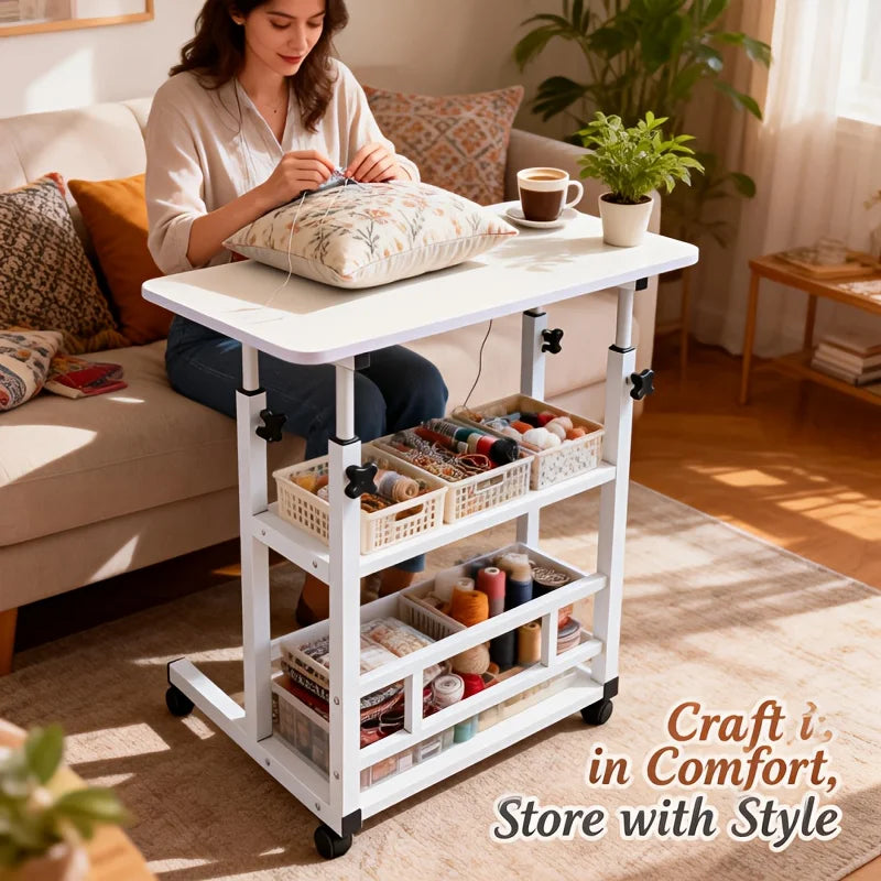 Adjustable Height Mobile Table with Lockable Wheels & Folding