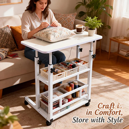 Adjustable Height Mobile Table with Lockable Wheels & Folding