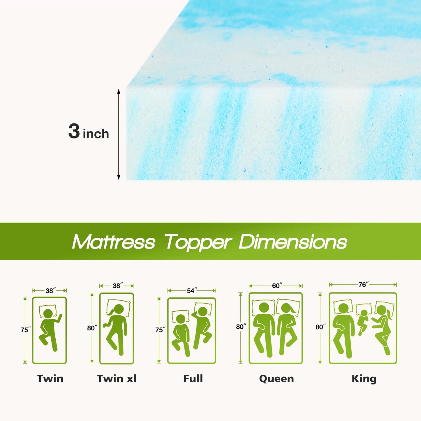 2-4 Inch Memory Foam Soft Mattress Topper -Gel Cooling