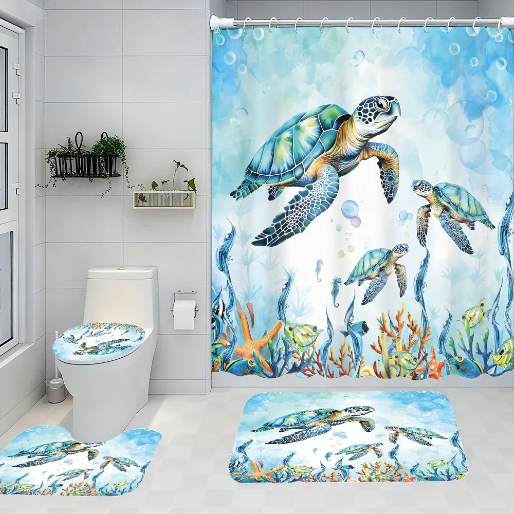 Turtle Bathroom Four-piece Set - Avant-garde Waterproof Shower Curtain