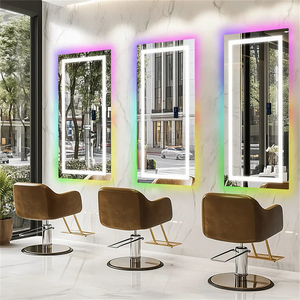 LED Wall Mirror w Bluetooth Dimmable 3 Colors Front + RGB Backlit, Anti-fog, Memory Function, Time Temperature
