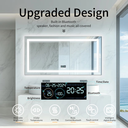LED Bathroom Mirror with Lights, Dimmable, Smart Bluetooth Digital Display 3 Colors Memory