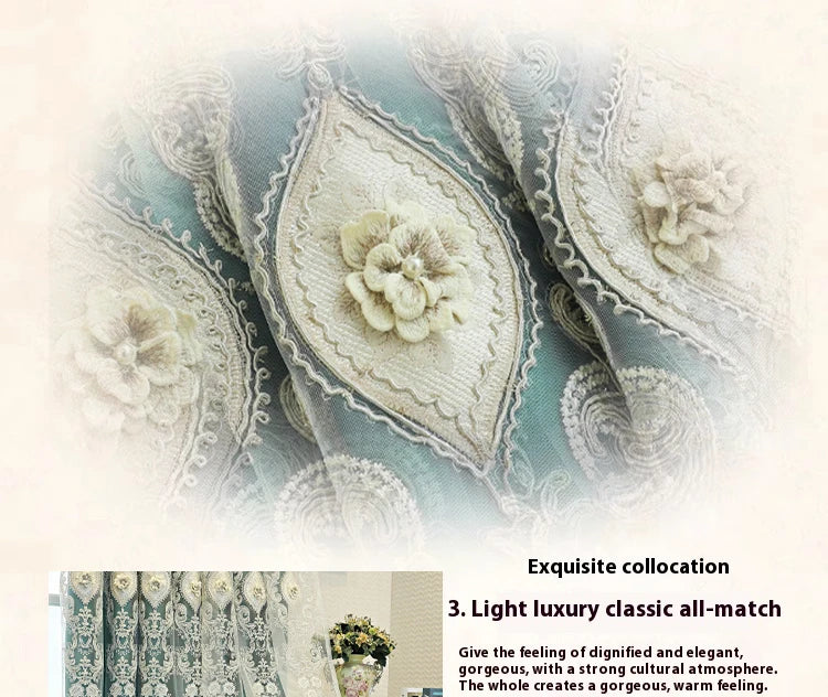 Luxury Vintage-Style Embroidered Curtain 3D Relief Dual-Layer Design for Privacy