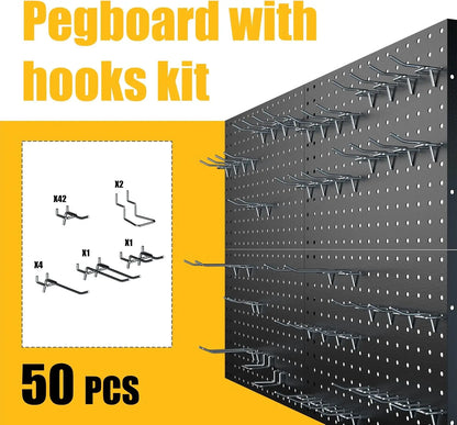 4-Pack Black Metal Pegboard Panels w/50 Hooks, Heavy Duty Wall Organizer