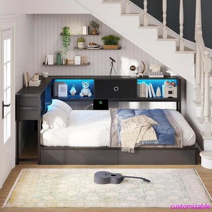 Full Corner Bed Frame w/ Storage Drawers, LED Lights, Charging Station
