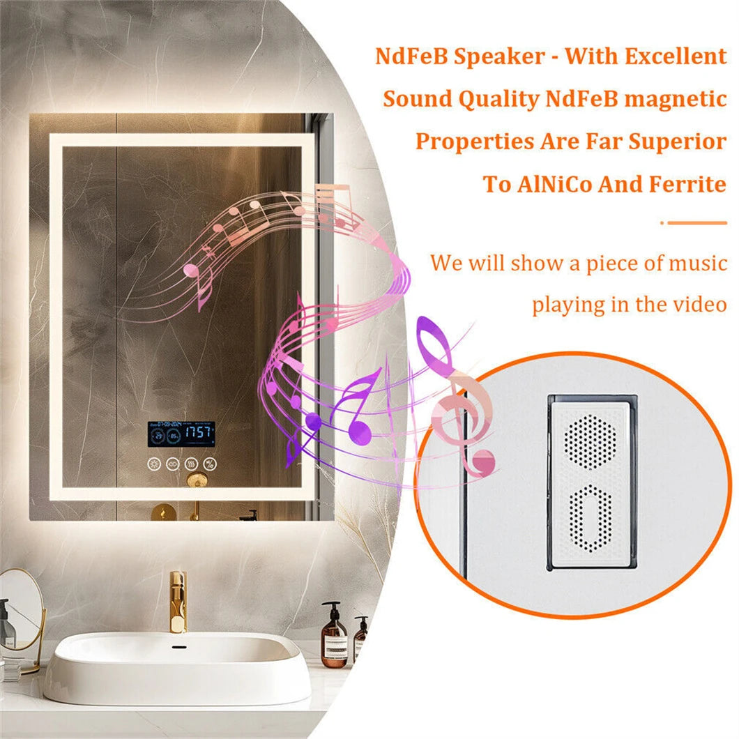 Smart LED Bathroom Mirror Rectangle Wall Mount Mirror w Bluetooth Speaker,Time,Temperature