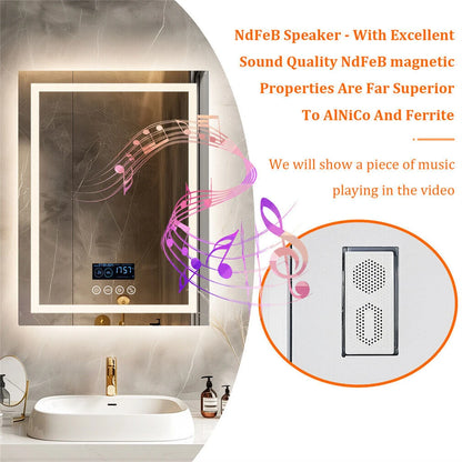 Smart LED Bathroom Mirror Rectangle Wall Mount Mirror w Bluetooth Speaker,Time,Temperature