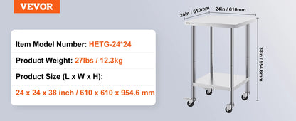 Stainless Steel Work Prep Table w/4 Wheels 3 Adjustable Height