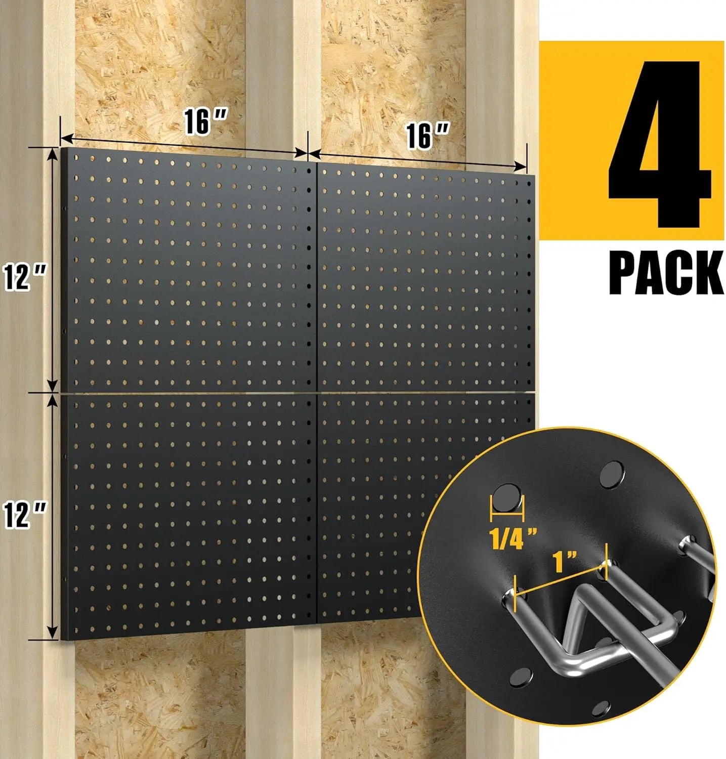 4-Pack Black Metal Pegboard Panels w/50 Hooks, Heavy Duty Wall Organizer