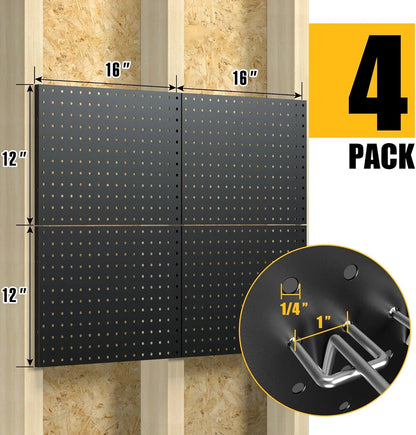 4-Pack Black Metal Pegboard Panels w/50 Hooks, Heavy Duty Wall Organizer